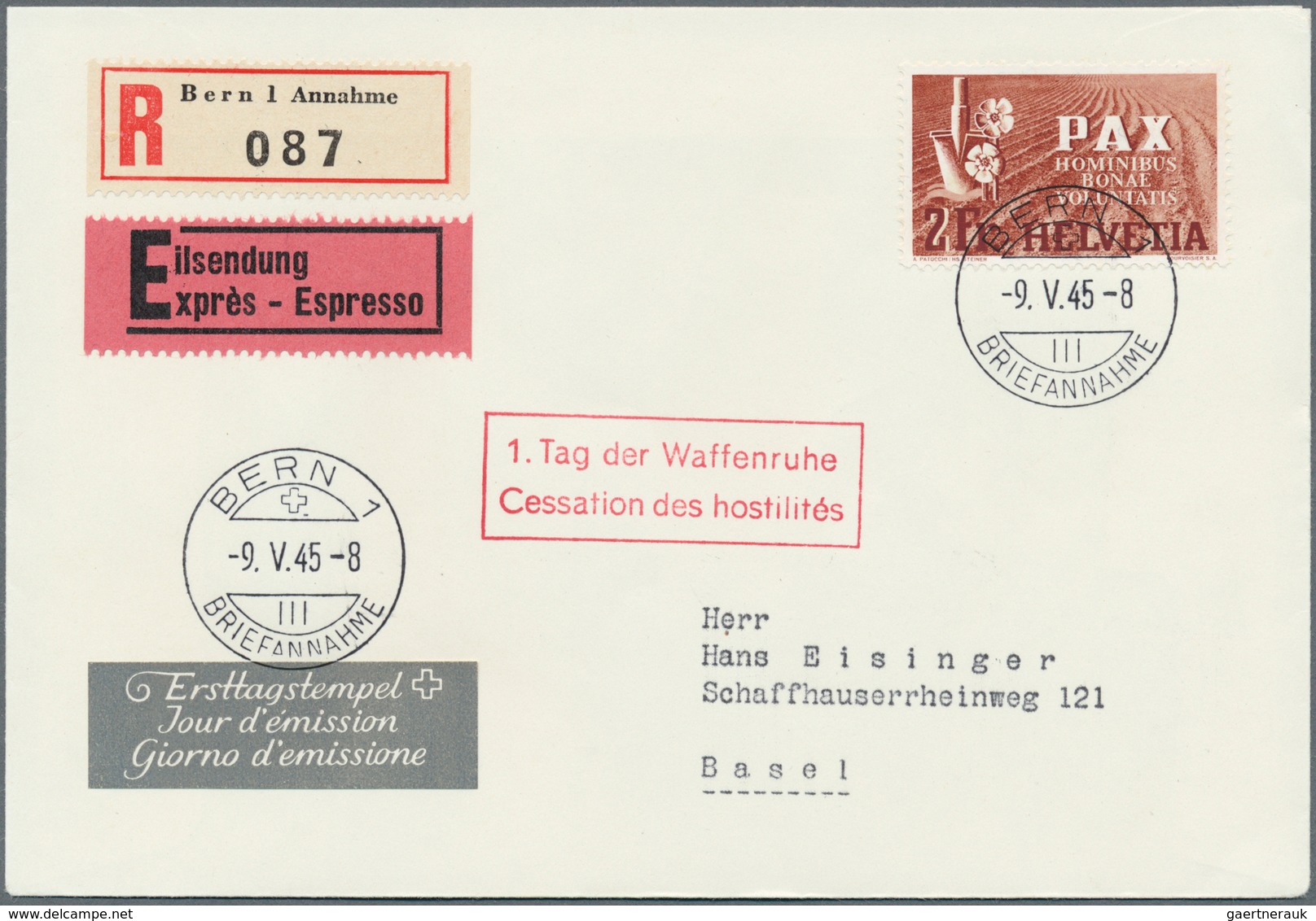 16122C Schweiz: 1945, "Ausgabe zum Waffenstillstand 1945", 5 C. - 10 Fr. Pax, traumhaft schöne FDC-Serie au