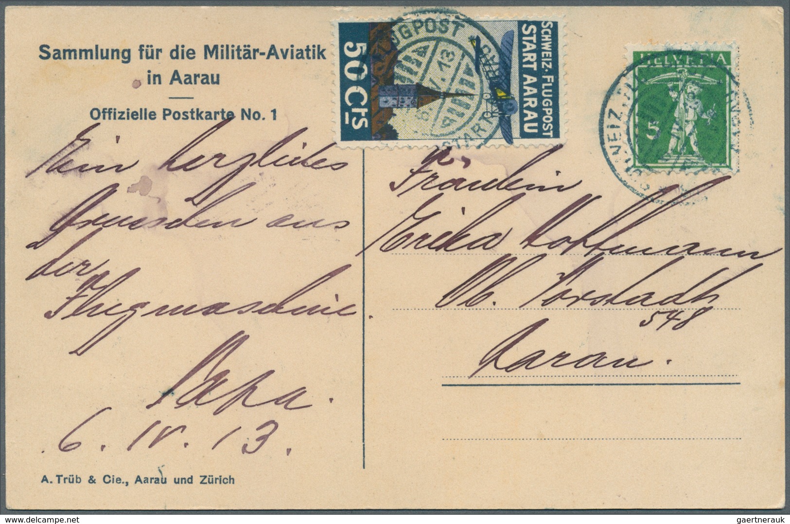 16141 Schweiz - Halbamtliche Flugmarken: 1913, 50 C. Flugpost Aarau - Olten Und 5 C. Freimarke Je Mit Flug - Gebraucht