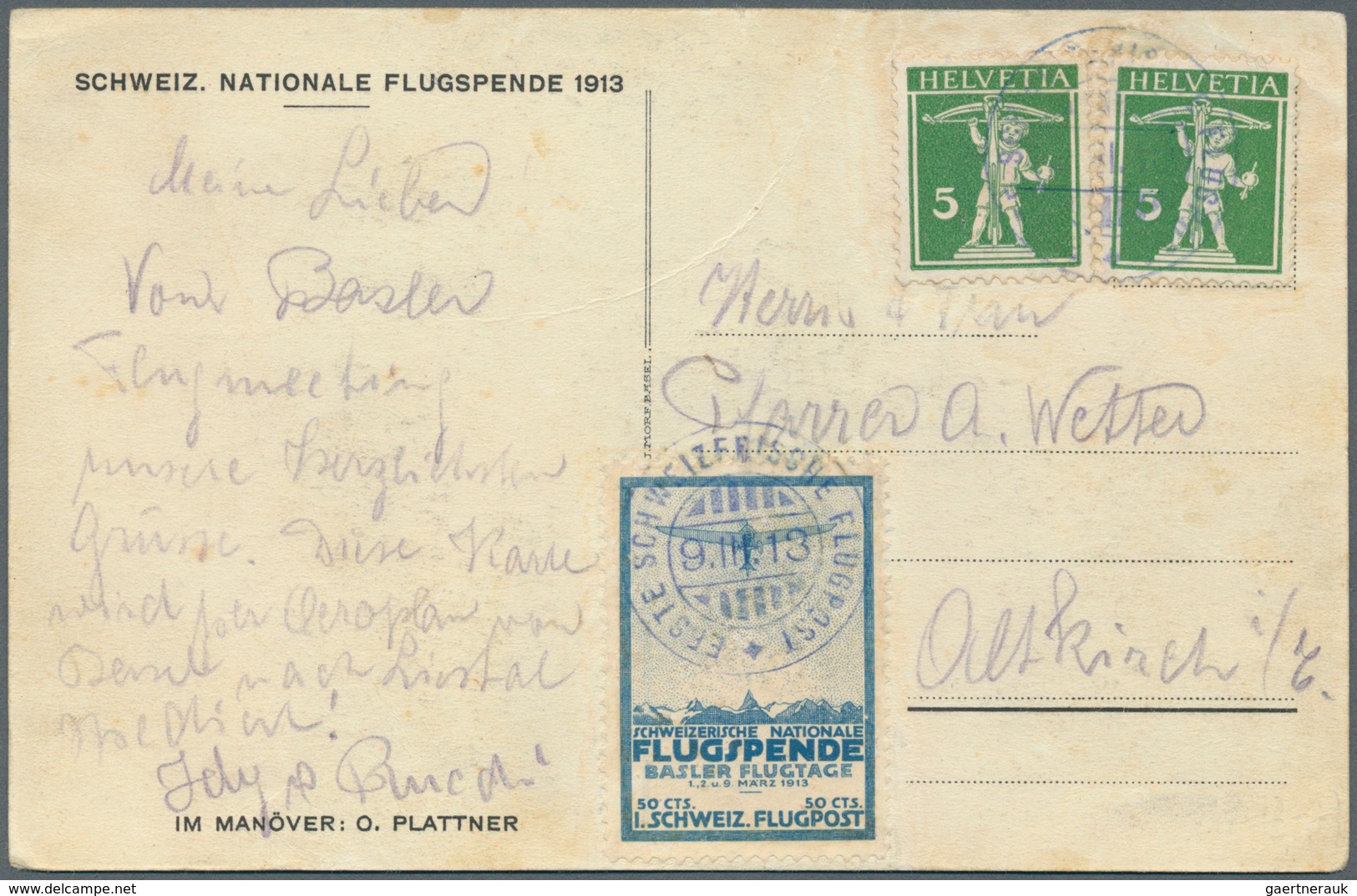 16143 Schweiz - Halbamtliche Flugmarken: Pionierflugmarken: 1913, 50 Rp. Basel-Liestal, Gut Gezähntes Und - Gebraucht