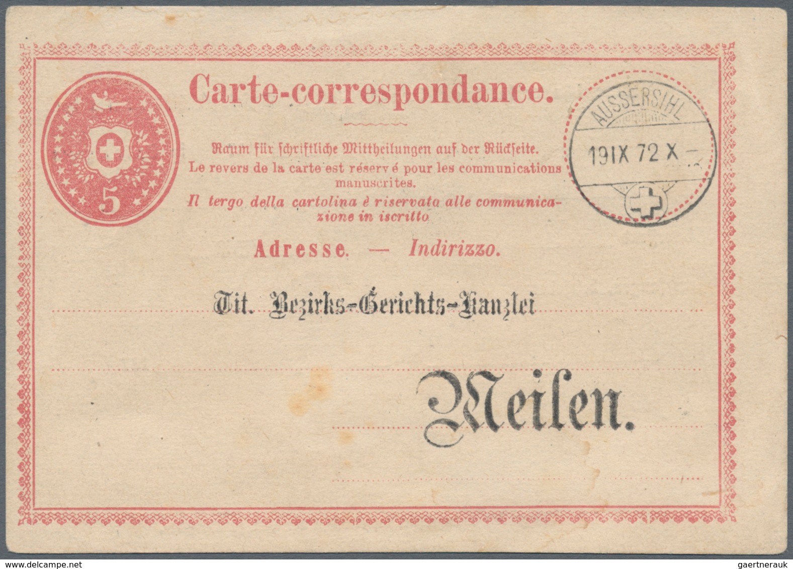 16153A Schweiz - Ganzsachen: 1870 Tübli-Ganzsachenkarte 5 Rp. Mit Privatzudruck Der Bezirks-Gerichts-Kanzle - Ganzsachen