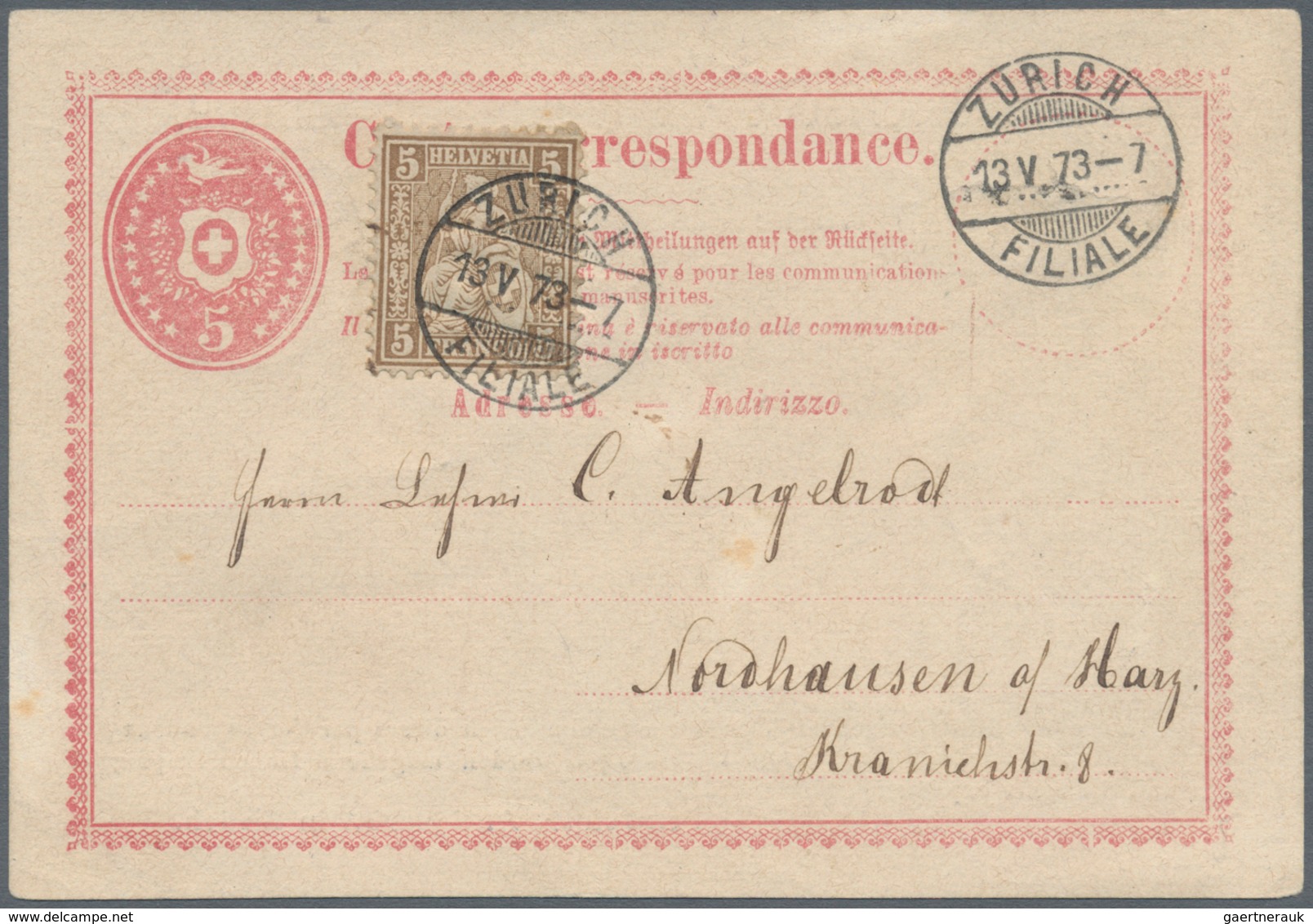 16153B Schweiz - Ganzsachen: 1870 Tübli-Ganzsachenkarte 5 Rp. Mit Rückseitigem Privatzudruck "Schweizerisch - Ganzsachen