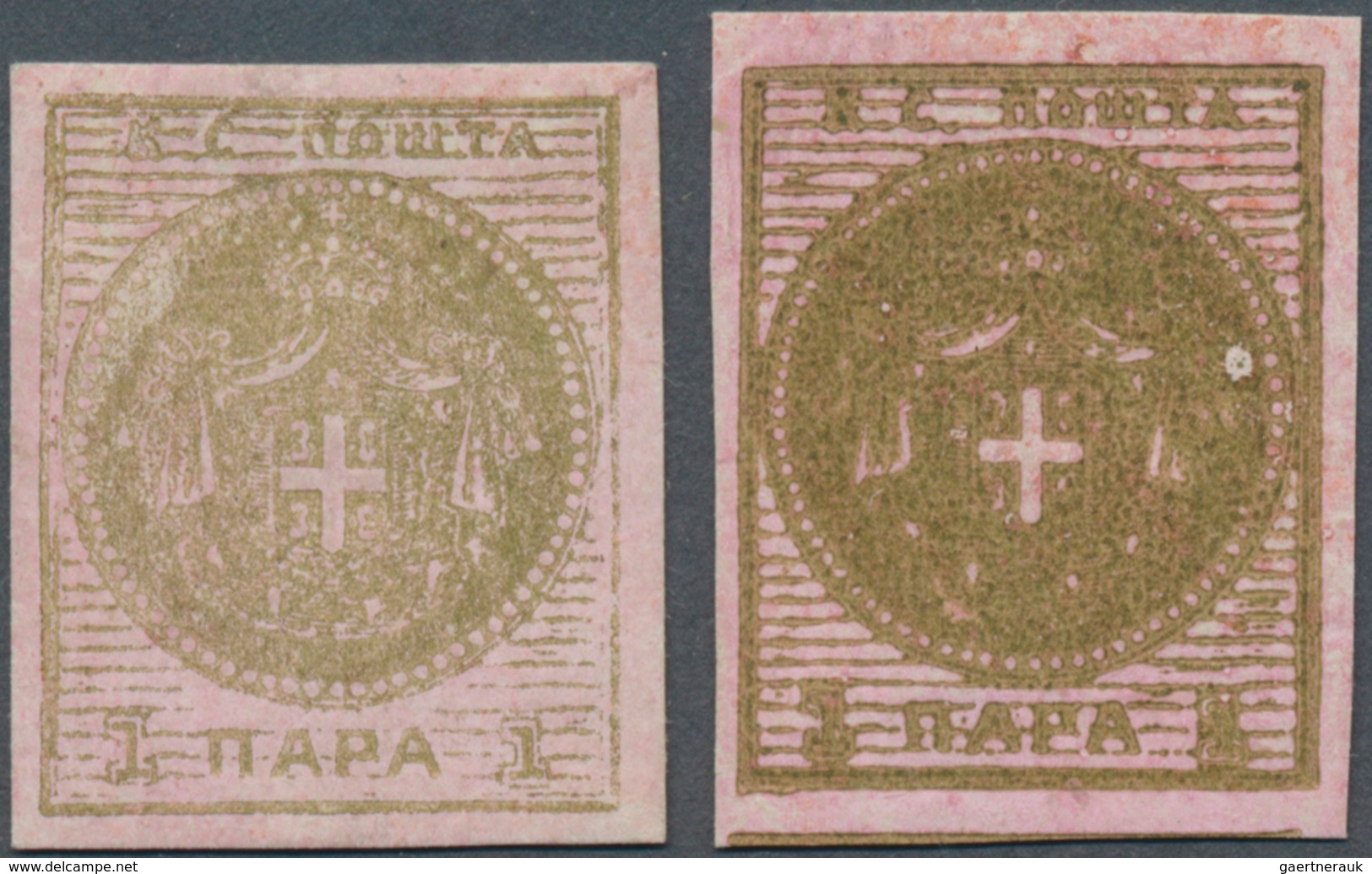 16171 Serbien: 1866, 1 Pa. Deep Green On Deep-rose Paper, 2 Diff. Shades Unused With Hinge On Paper, Fine, - Serbie