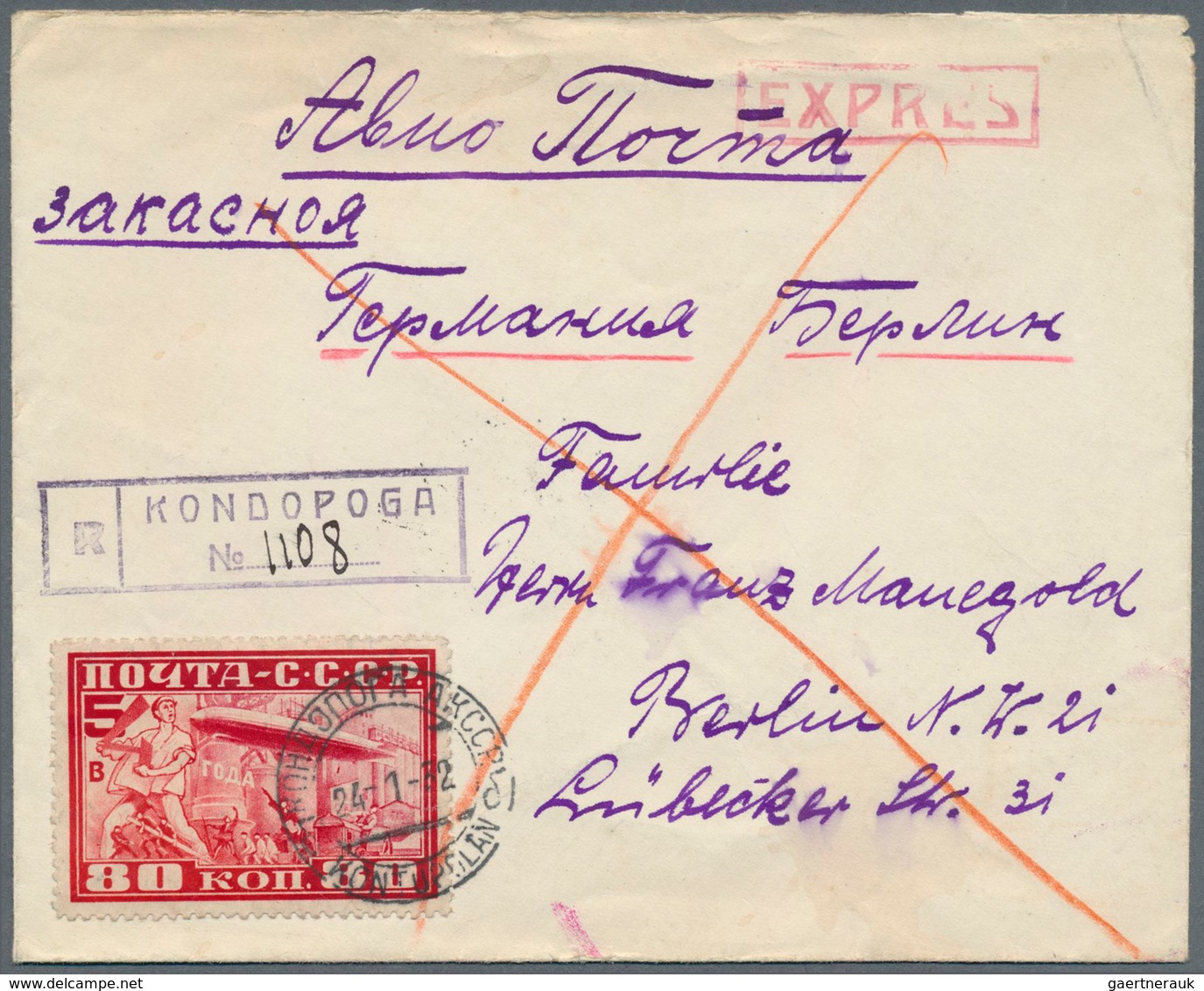 16188 Sowjetunion: 1930, 80 K Carmine Zeppelin, Perf. 10 1/2, Single Franking On Registered Express Cover - Lettres & Documents