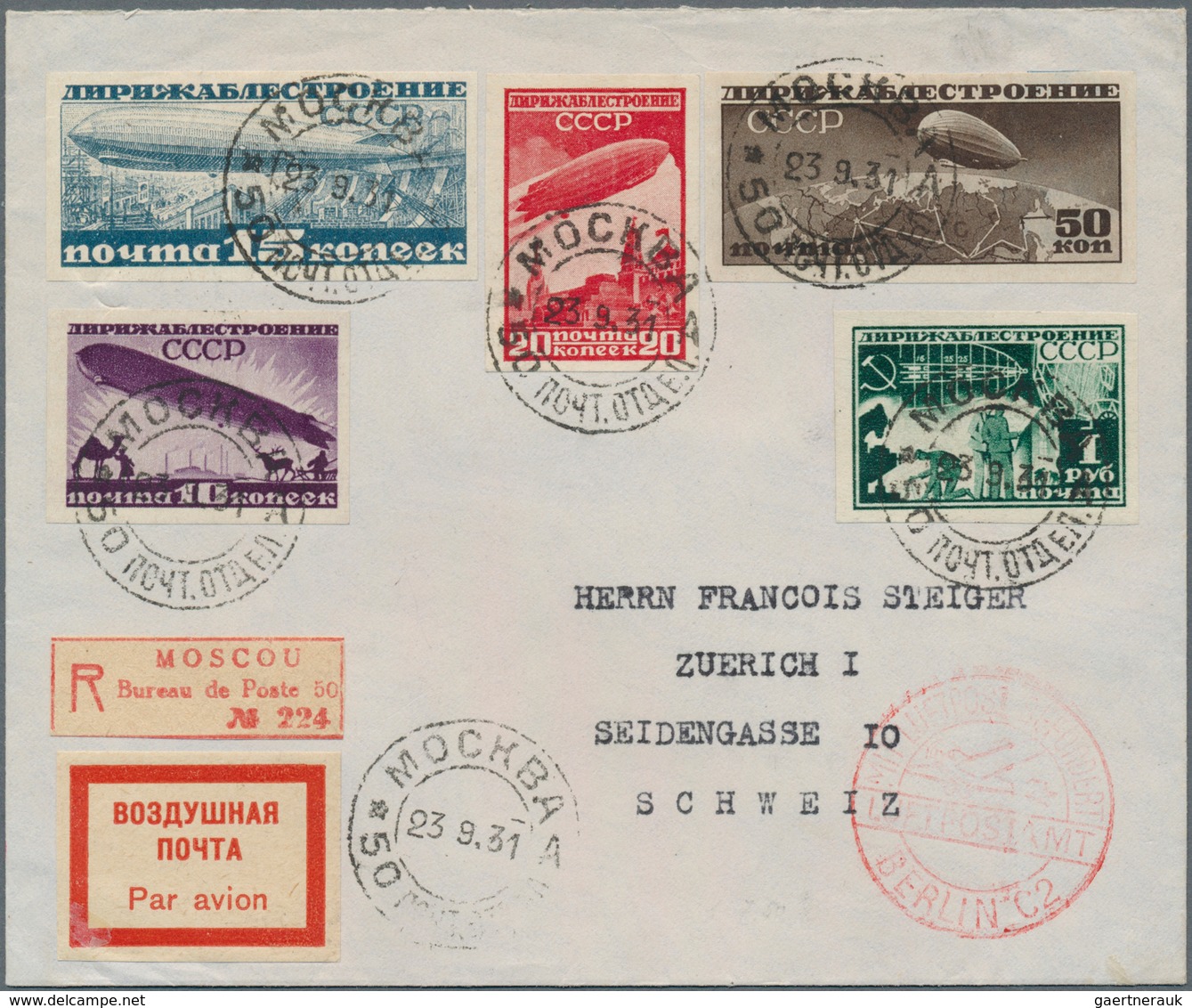 16189 Sowjetunion: 1931, Building Of Airships Complete Imperforated Set Of Five On Registered Airmal From - Lettres & Documents