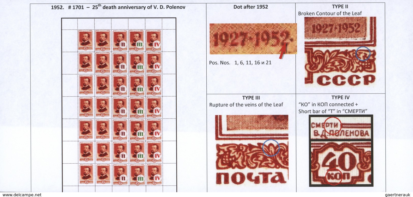16220 Sowjetunion: 1952, 40 K Wassilij Polenow Original Sheet Of 50 Stamps With Various Varities, Used - Briefe U. Dokumente