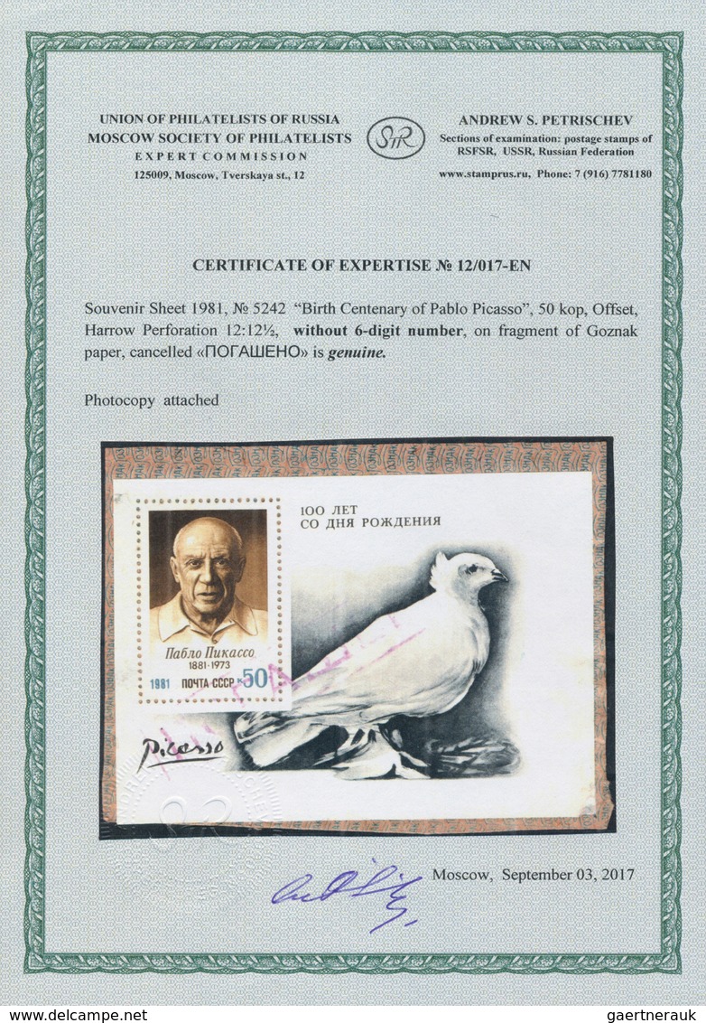 16235 Sowjetunion: 1981 'Pablo Picasso' Souvenir Sheet, Variety "without 6-digit Number', On Fragment Of G - Briefe U. Dokumente