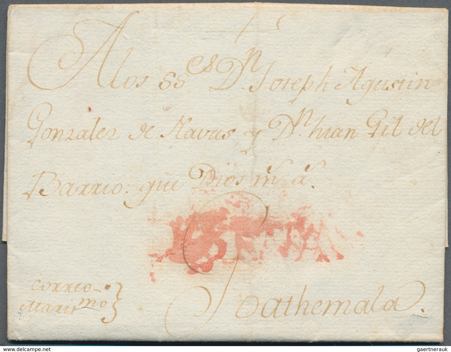 16243A Spanien - Vorphilatelie: 1774 (17 May) Cadiz To Guatemala. Mark "ESPANA" Linear In Red Applied In La - ...-1850 Préphilatélie