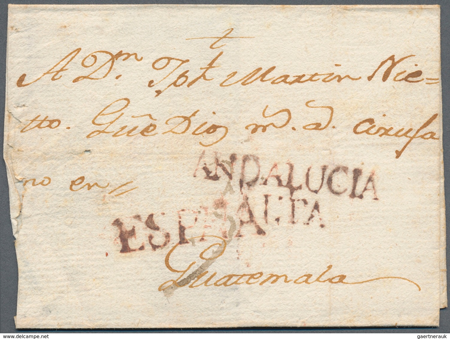 16244A Spanien - Vorphilatelie: 1775 (circa) To Guatemala. Marks "ANDALUCIA / ALTA" Of Seville And "ESPANA" - ...-1850 Vorphilatelie