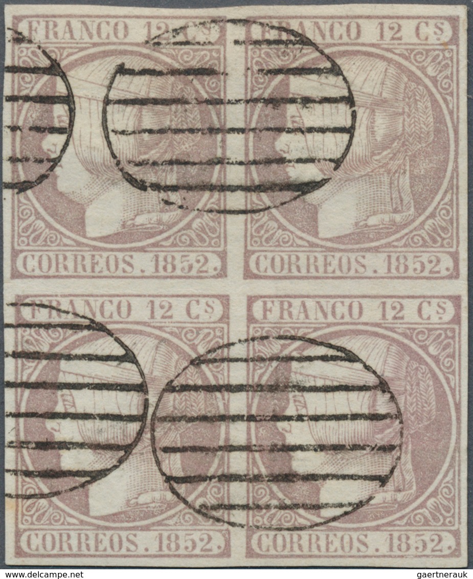 16244D Spanien: 1852, 12 Cs. Königin Isabella II, Lila, Gestempelter Außergewöhnlicher Luxus-Viererblock, A - Oblitérés