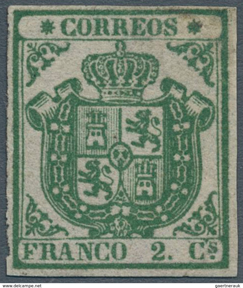 16245 Spanien: 1854, 2 Cuartos Green On Thin White Paper With Wide Margins All Around, Unused Without Gum - Gebraucht