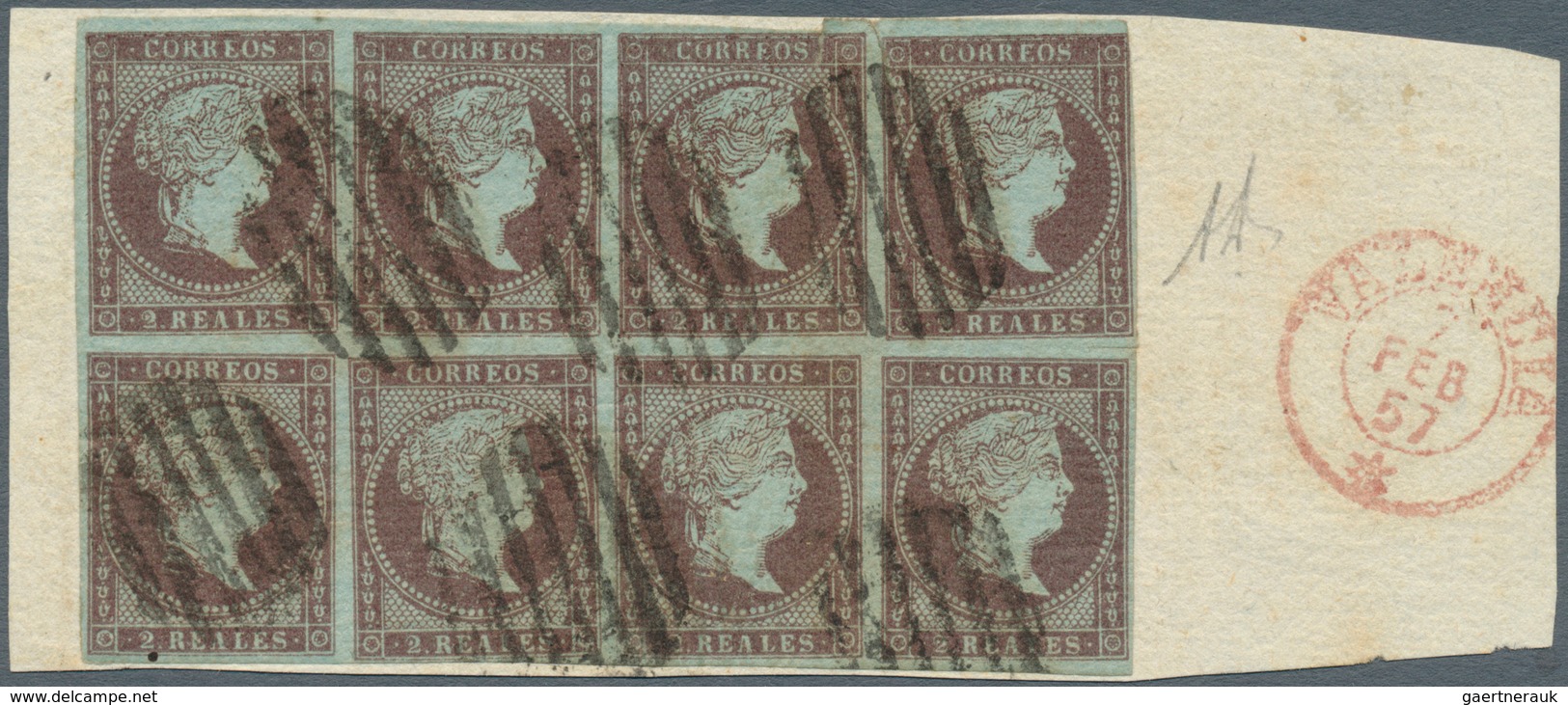 16246 Spanien: 1855, 2 R Brown-violet Block Of Eight On Piece, Cancelled With Bar Handstamp And Besides Re - Oblitérés