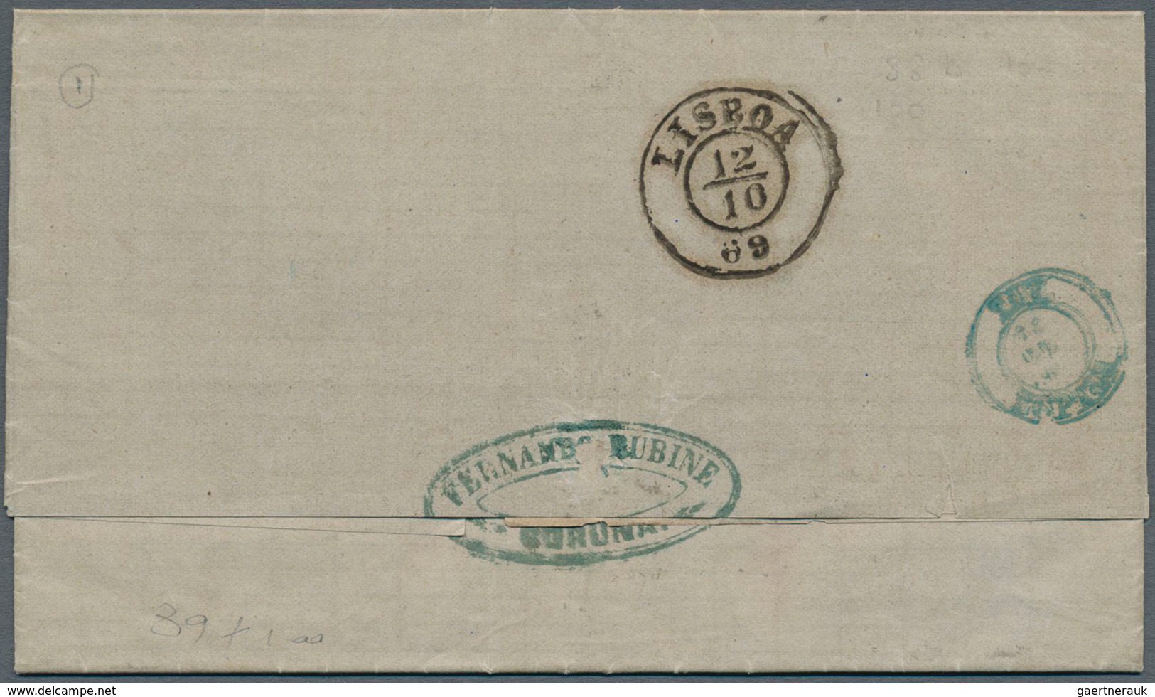 16247 Spanien: 1868 200m. Blue-green Along With 1867 12cs. Orange On Entire Letter 1869 From Coruña To Bue - Gebraucht