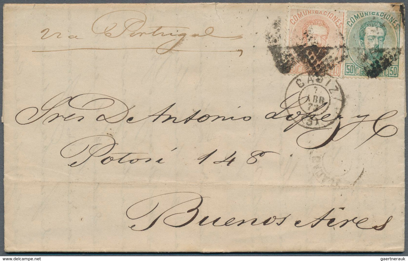 16248 Spanien: 1873 'King Amadeo I.' 40c And 40c On Entire Letter From Cadiz To Buenos Aires, Argentina Vi - Oblitérés