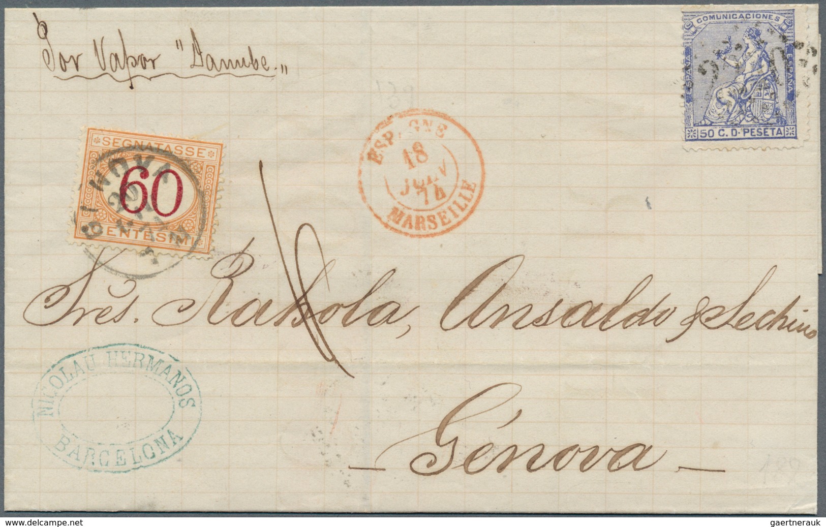 16250 Spanien: 1874, 50 C Ultramarine, Single Franking On Folded Letter Cover From Barcelona With Manuscri - Oblitérés