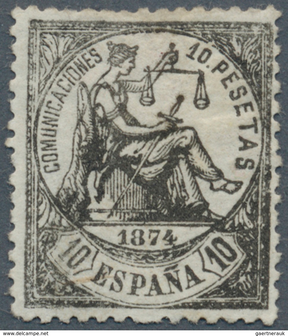 16251 Spanien: 1874, Allegorie 10pta. Black, Mint Heavy Hinged With Some Uneven Perf. On Top, Very Scarce - Oblitérés