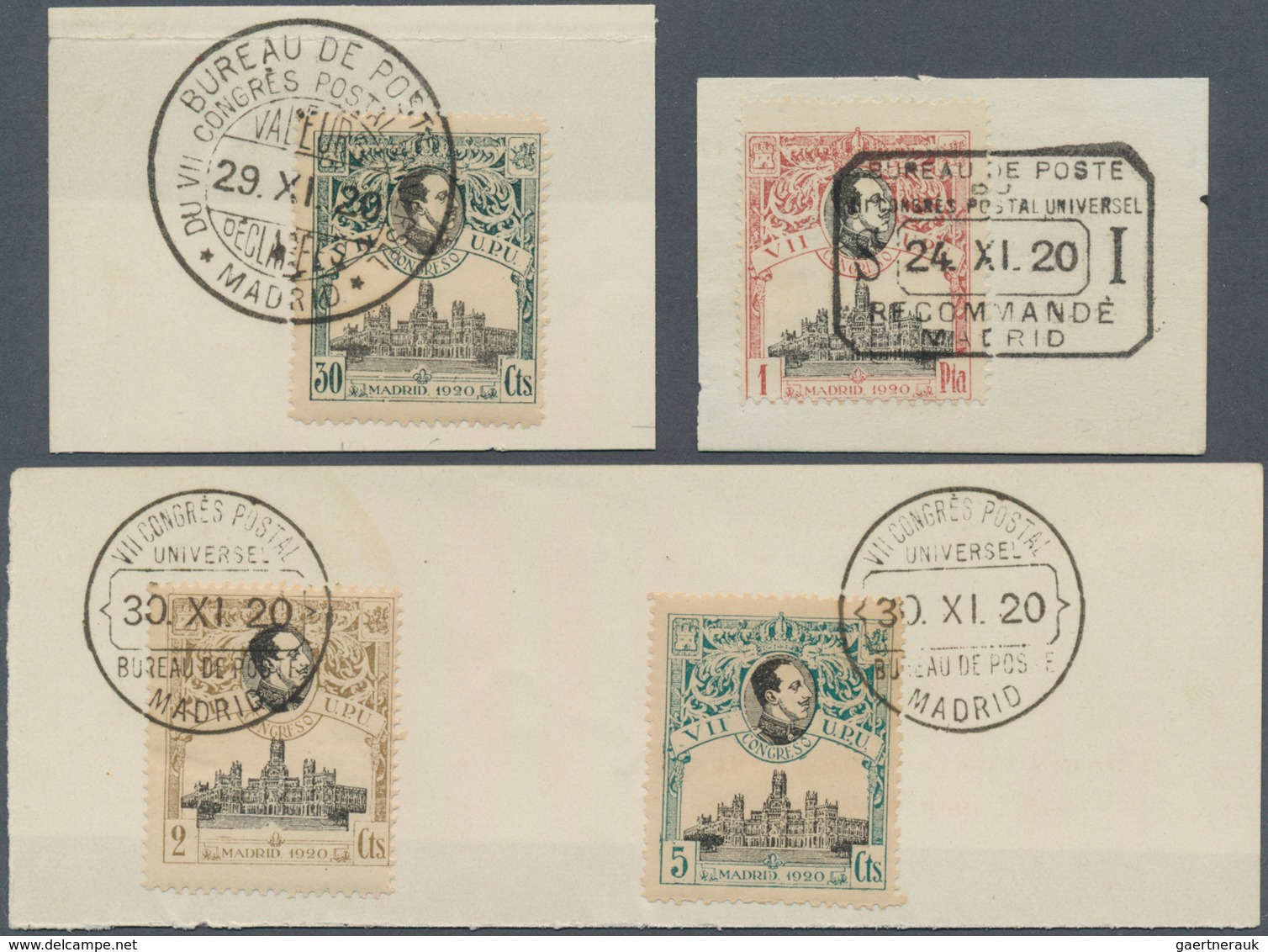 16254 Spanien: 1920, U.P.U. Complete Set With 1 Peseta Twice Included All On Pieces With Spezial Cancellat - Oblitérés