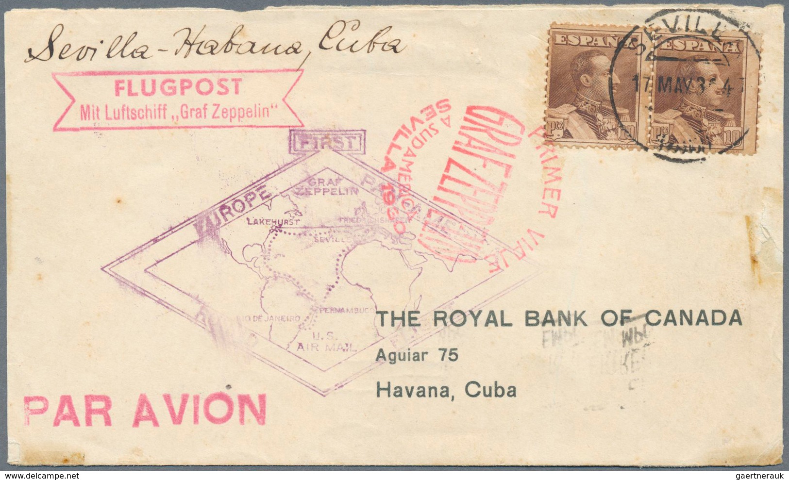16255 Spanien: 1930, 10pts. Brown, Horiz. Pair On Zeppelin Cover "SEVILLA 17 MAY 30" To Cuba, Red Spanish - Oblitérés