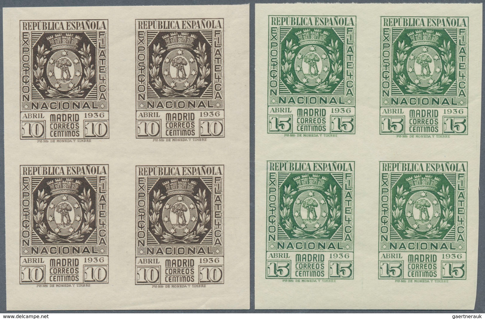 16258 Spanien: 1936, Philatelic Exhibition, 10c. Brownish Black And 15c. Green, Blocks Of Four, Unmounted - Oblitérés