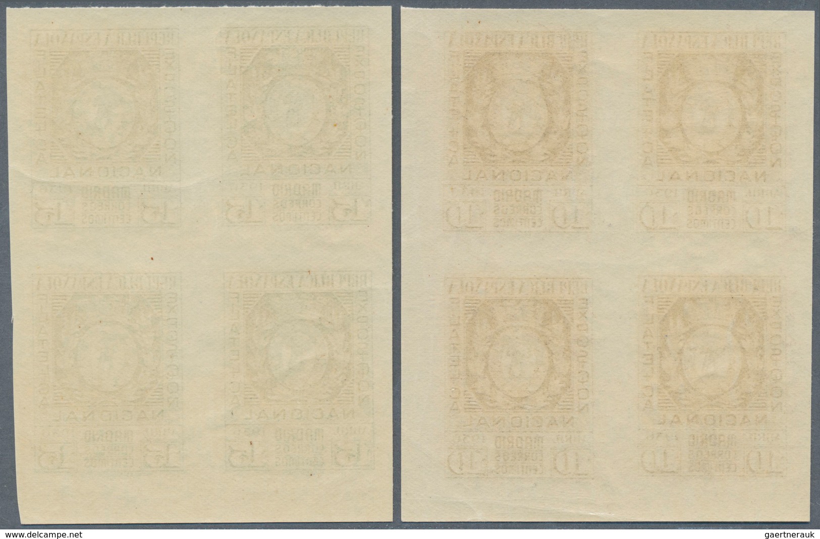 16258 Spanien: 1936, Philatelic Exhibition, 10c. Brownish Black And 15c. Green, Blocks Of Four, Unmounted - Oblitérés