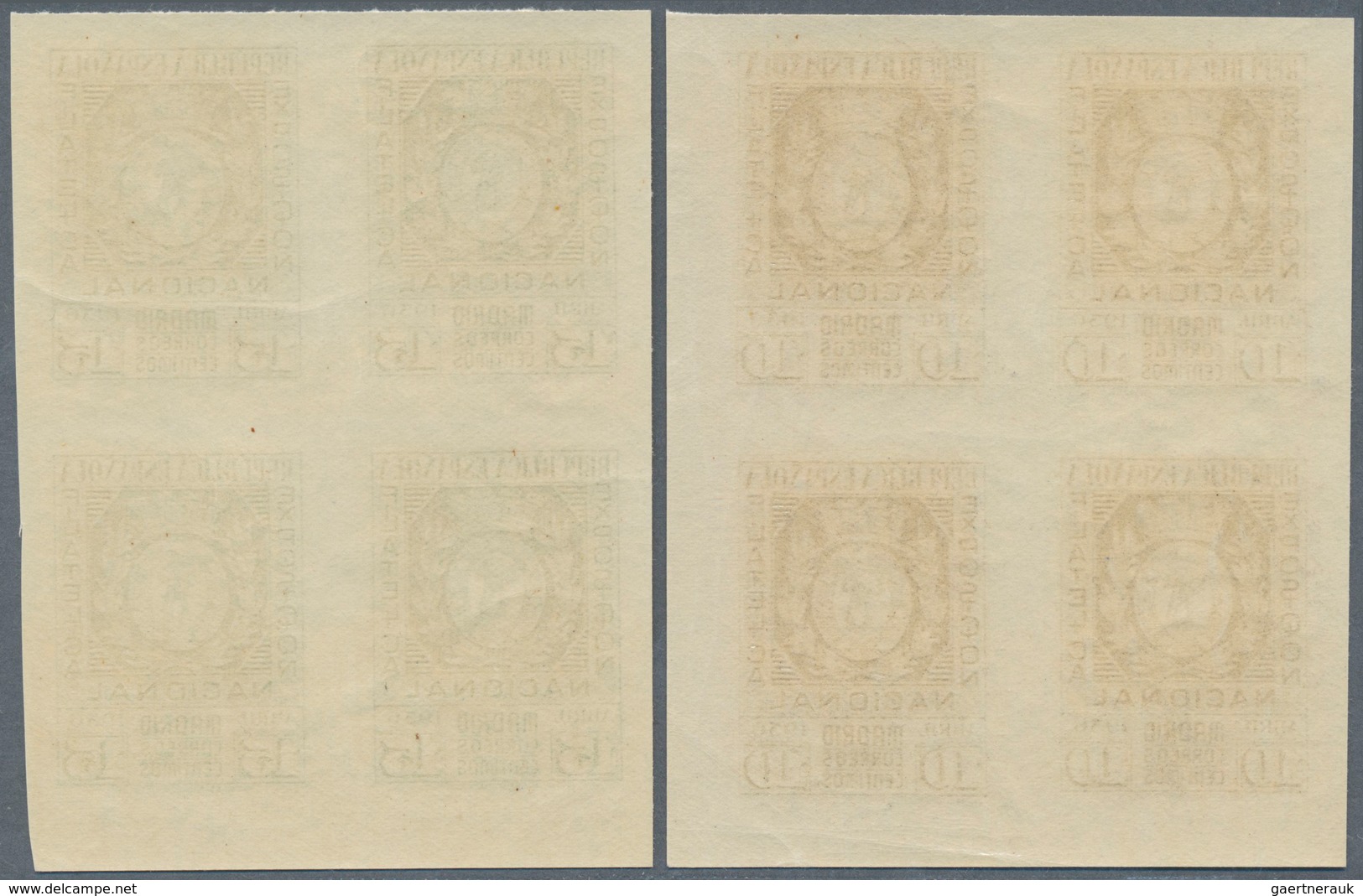 16258 Spanien: 1936, Philatelic Exhibition, 10c. Brownish Black And 15c. Green, Blocks Of Four, Unmounted - Gebraucht