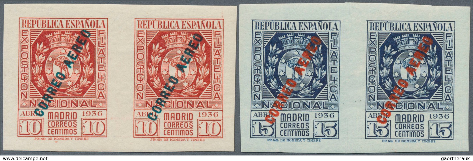16259 Spanien: 1936, Philatelic Exhibition Airmails, 10c. Red And 15c. Blue, Horiz. Pairs, Unmounted Mint. - Oblitérés