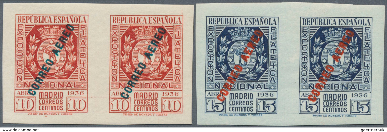 16259 Spanien: 1936, Philatelic Exhibition Airmails, 10c. Red And 15c. Blue, Horiz. Pairs, Unmounted Mint. - Gebraucht