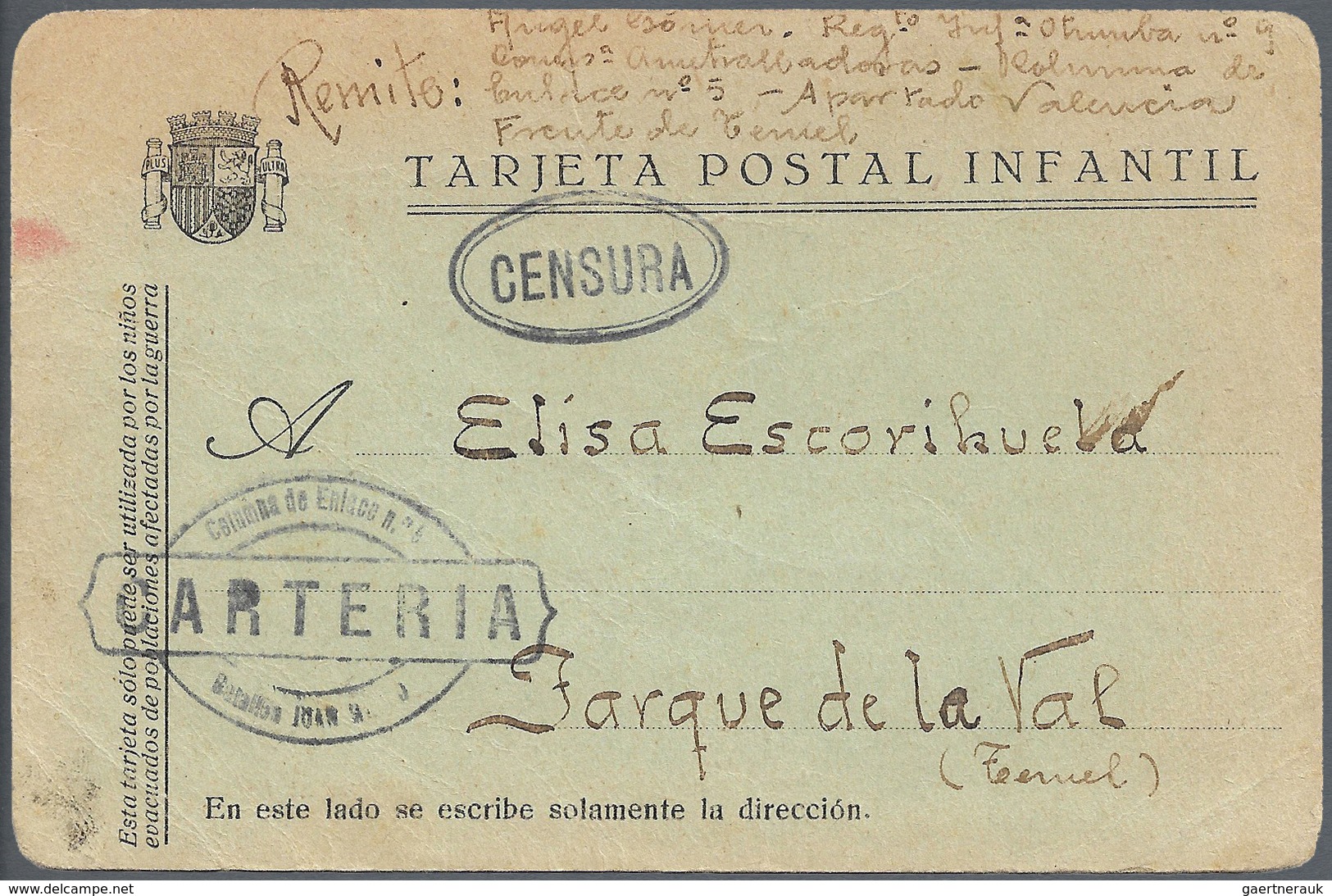 16261 Spanien: 1937 EXTREMELY RARE TARJETA POSTAL INFANTIL Sent Postage Free From The Front In Teruel By A - Used Stamps