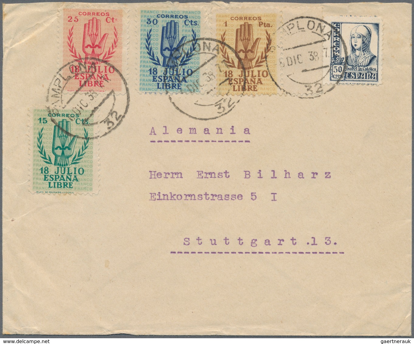 16263 Spanien: 1938, Complete Issue "18 JULIO ESPANA LIBRE" With Additional Franking On Envelope From PAMP - Oblitérés