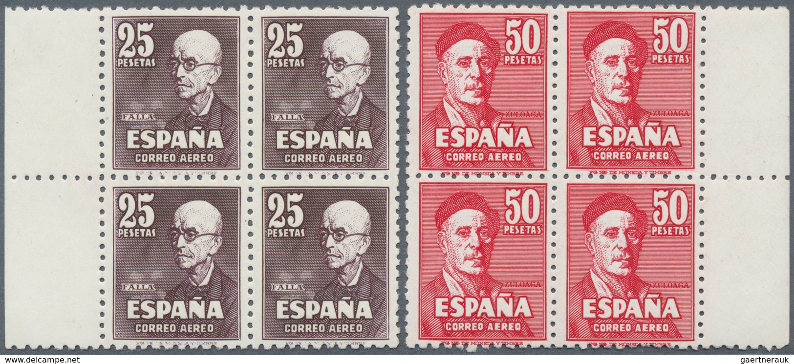 16266 Spanien: 1947. Complete Airmail Set 25p Falla And 50p Zuloaga In Margin Blocks Of 4. Mint, NH. (Sc # - Oblitérés