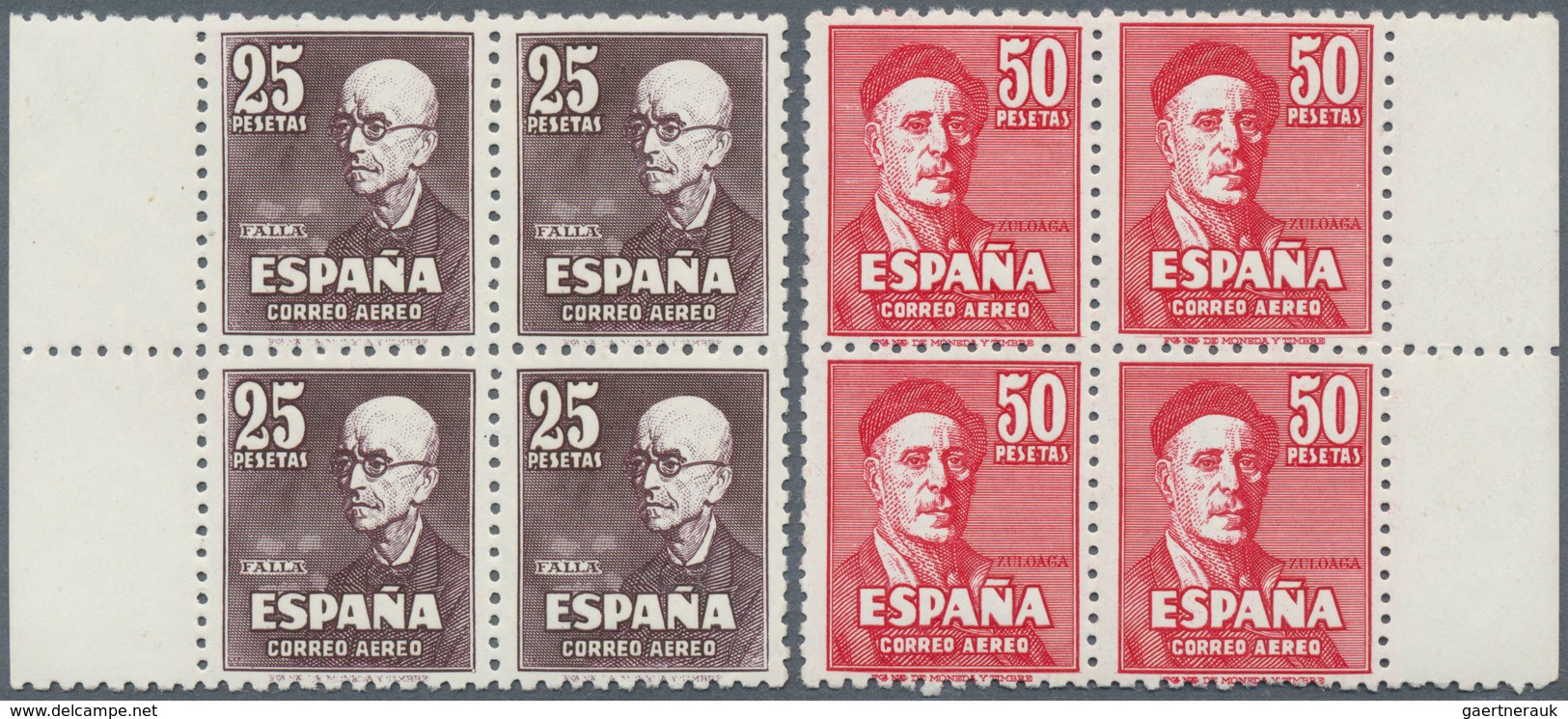 16266 Spanien: 1947. Complete Airmail Set 25p Falla And 50p Zuloaga In Margin Blocks Of 4. Mint, NH. (Sc # - Gebraucht