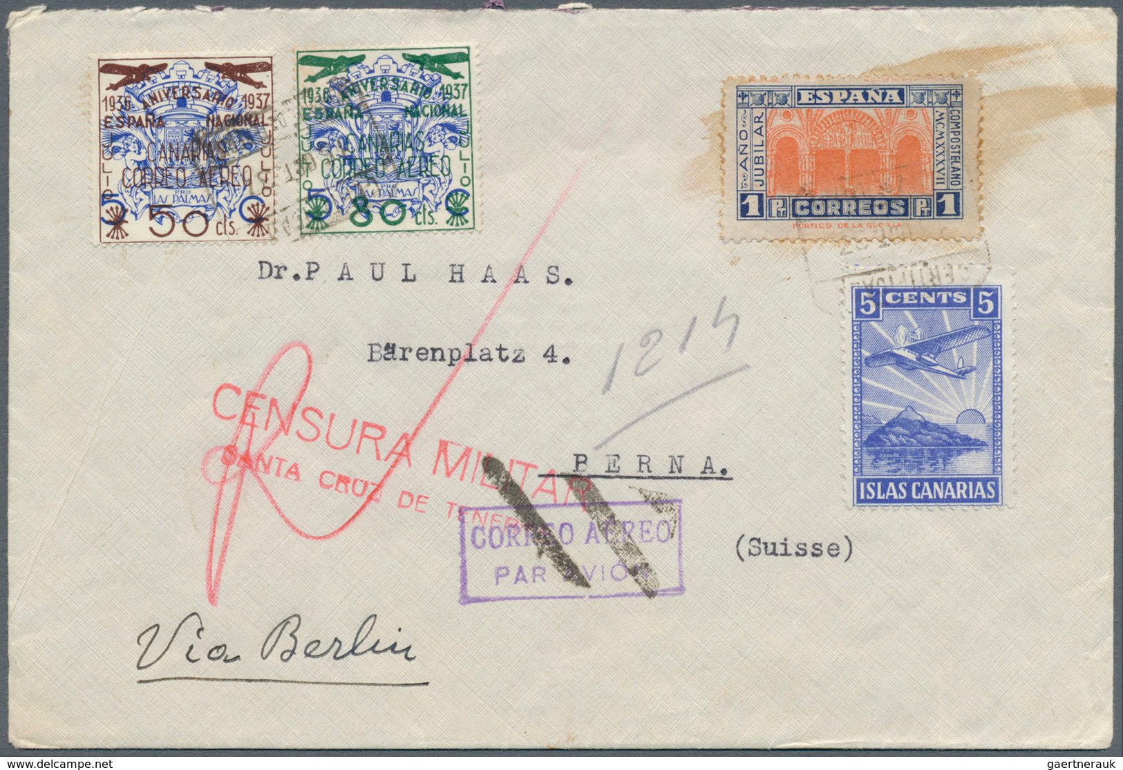 16267 Spanien - Lokalausgaben: Teneriffa: 1937, 3 Decorative Covers With Mixed Franking And Censor-ship Fr - Sonstige & Ohne Zuordnung