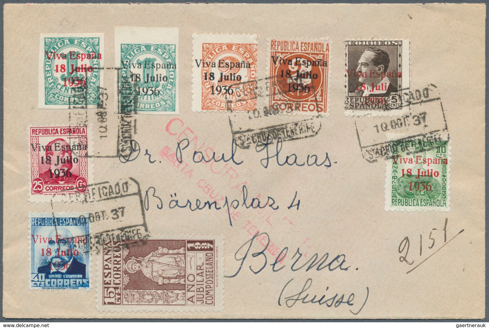 16267 Spanien - Lokalausgaben: Teneriffa: 1937, 3 Decorative Covers With Mixed Franking And Censor-ship Fr - Altri & Non Classificati