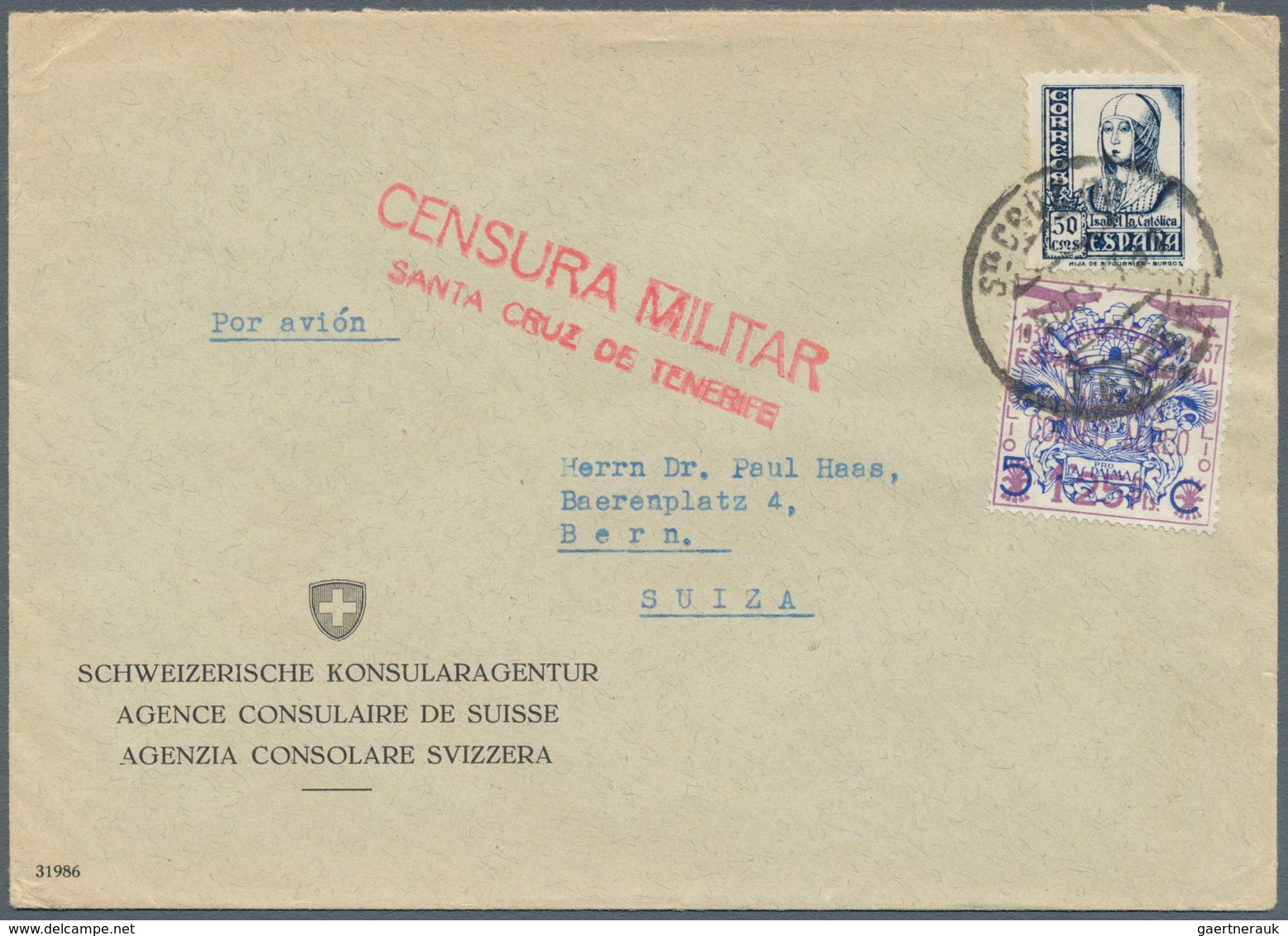 16267 Spanien - Lokalausgaben: Teneriffa: 1937, 3 Decorative Covers With Mixed Franking And Censor-ship Fr - Sonstige & Ohne Zuordnung