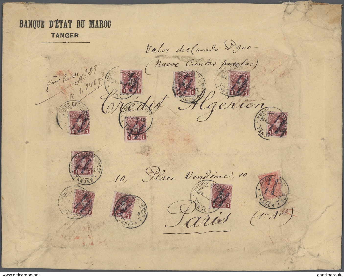 16270 Spanische Post In Marokko: 1918, 10 X 1 Pta Lilac And 10 C Red, Mixed Franking On Large Size Value L - Spanisch-Marokko