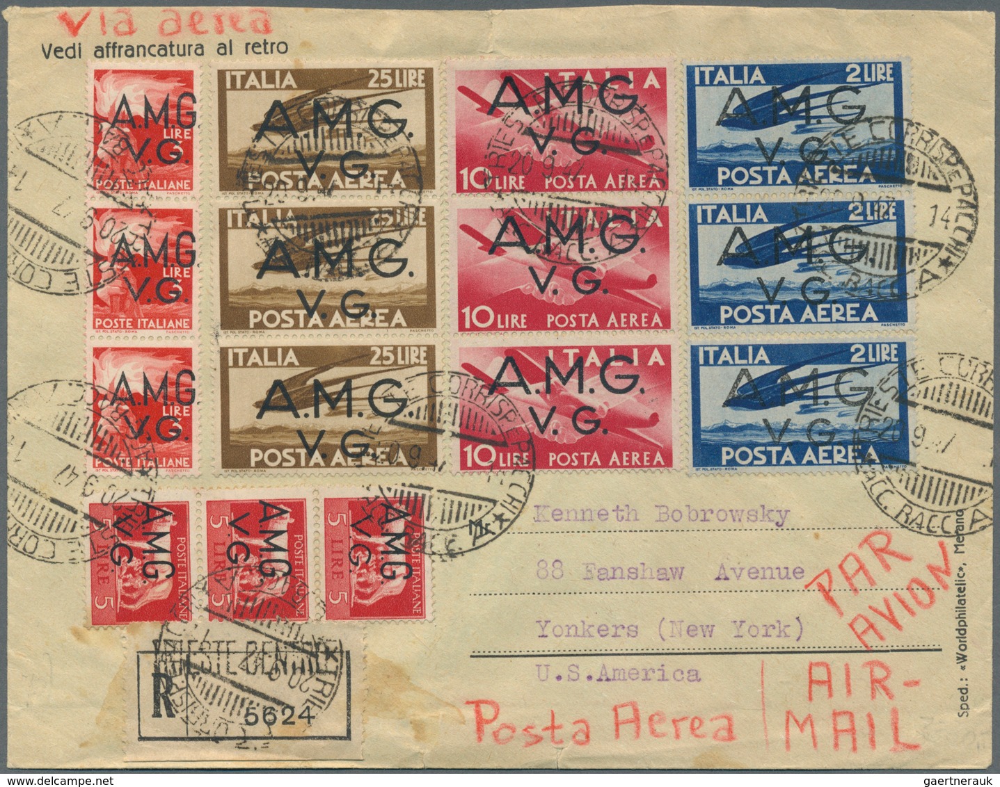 16279 Triest - Zone A: 1945/1947, Spectacular Franking With 28 Stamps, Consisting Of 3 Each 2 L, 5 L, 10 L - Neufs