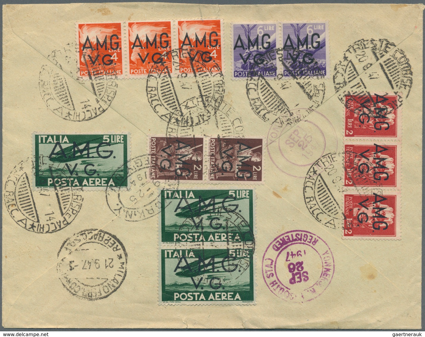 16279 Triest - Zone A: 1945/1947, Spectacular Franking With 28 Stamps, Consisting Of 3 Each 2 L, 5 L, 10 L - Neufs