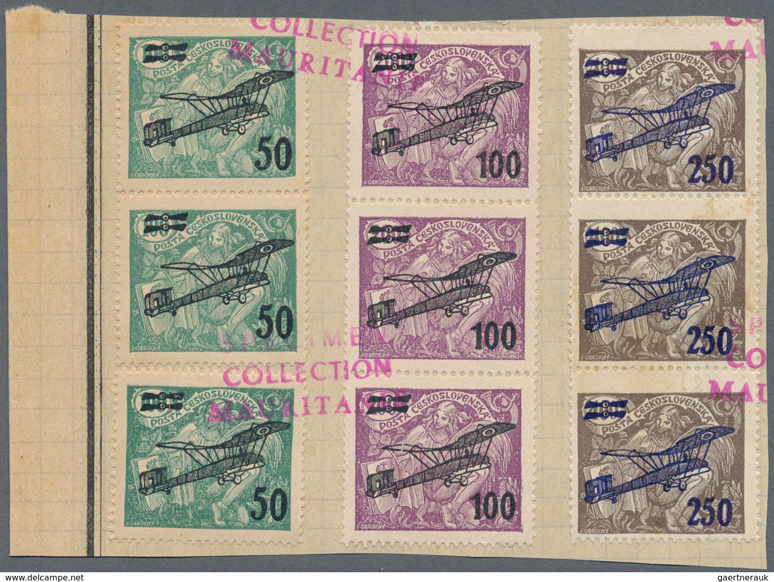 16290 Tschechoslowakei: 1922. Complete Airmail Set (3 Values) In Vertical Strips Of 3 (except 50h) Mounted - Lettres & Documents