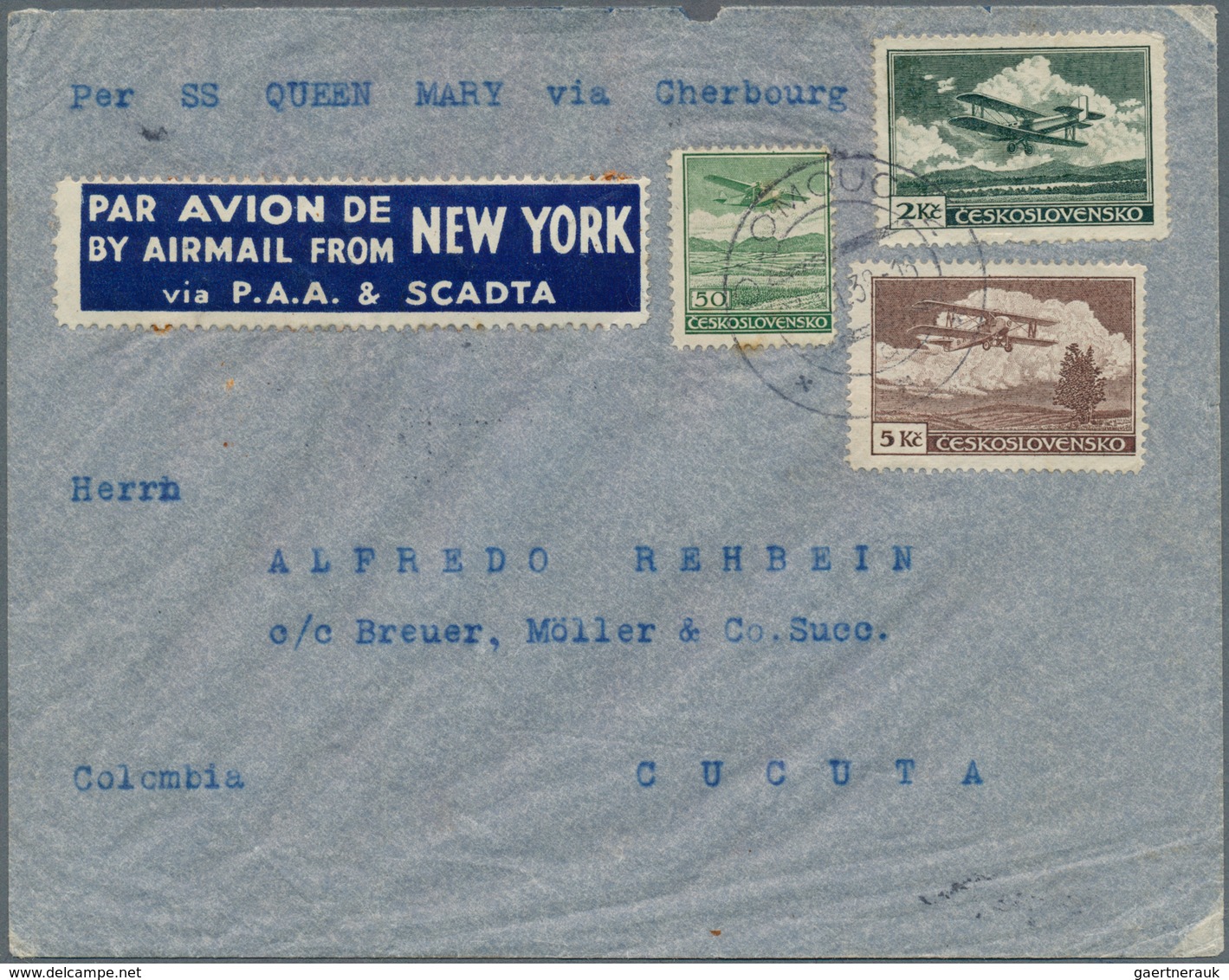 16290A Tschechoslowakei: 1938, 50 H, 2 Kc And 5 Kc Airmail Stamps, Mixed Franking On Airmail Cover From OLO - Lettres & Documents