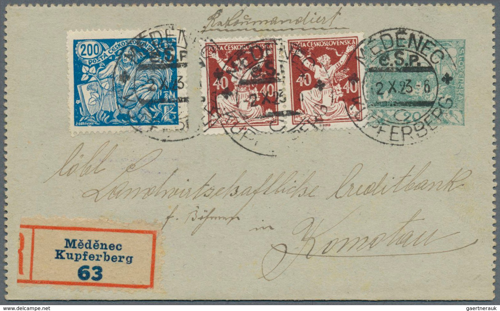 16295 Tschechoslowakei - Ganzsachen: 1919, 20 H Green On Grey Stationery Letter-card, Uprated With Pair Of - Cartes Postales