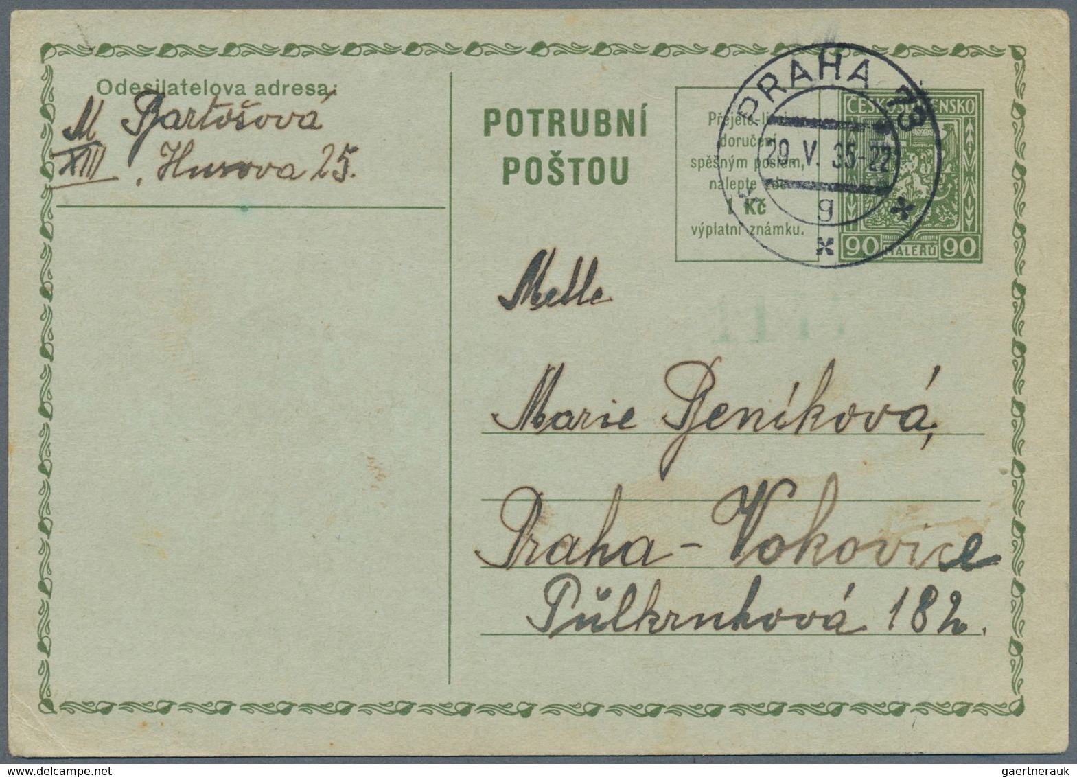 16296 Tschechoslowakei - Ganzsachen: 1935, 90 H Green Pneumatic Psc, Used As Intended With Full Message On - Cartes Postales