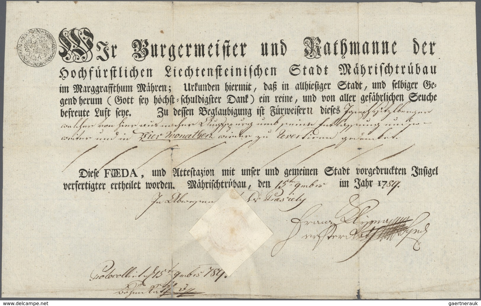 16297 Tschechoslowakei - Besonderheiten: 1789, Urkunde (Foeda) 'Bürgermeister Und Rathmanne Der Hochfürstl - Autres & Non Classés