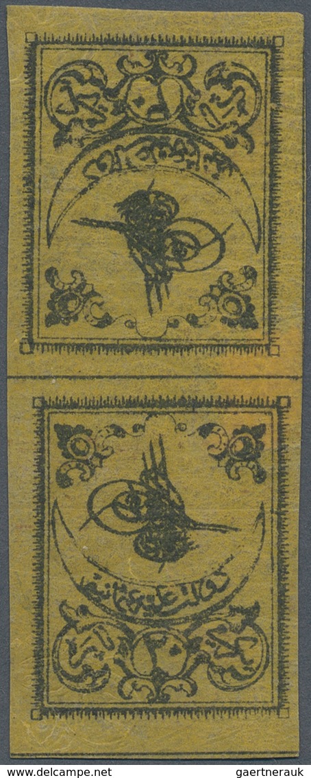 16301 Türkei: 1863, 20 Pa. Black On Thin Yellow Paper Variety Without Border, Mint Vertical «head To Head» - Lettres & Documents