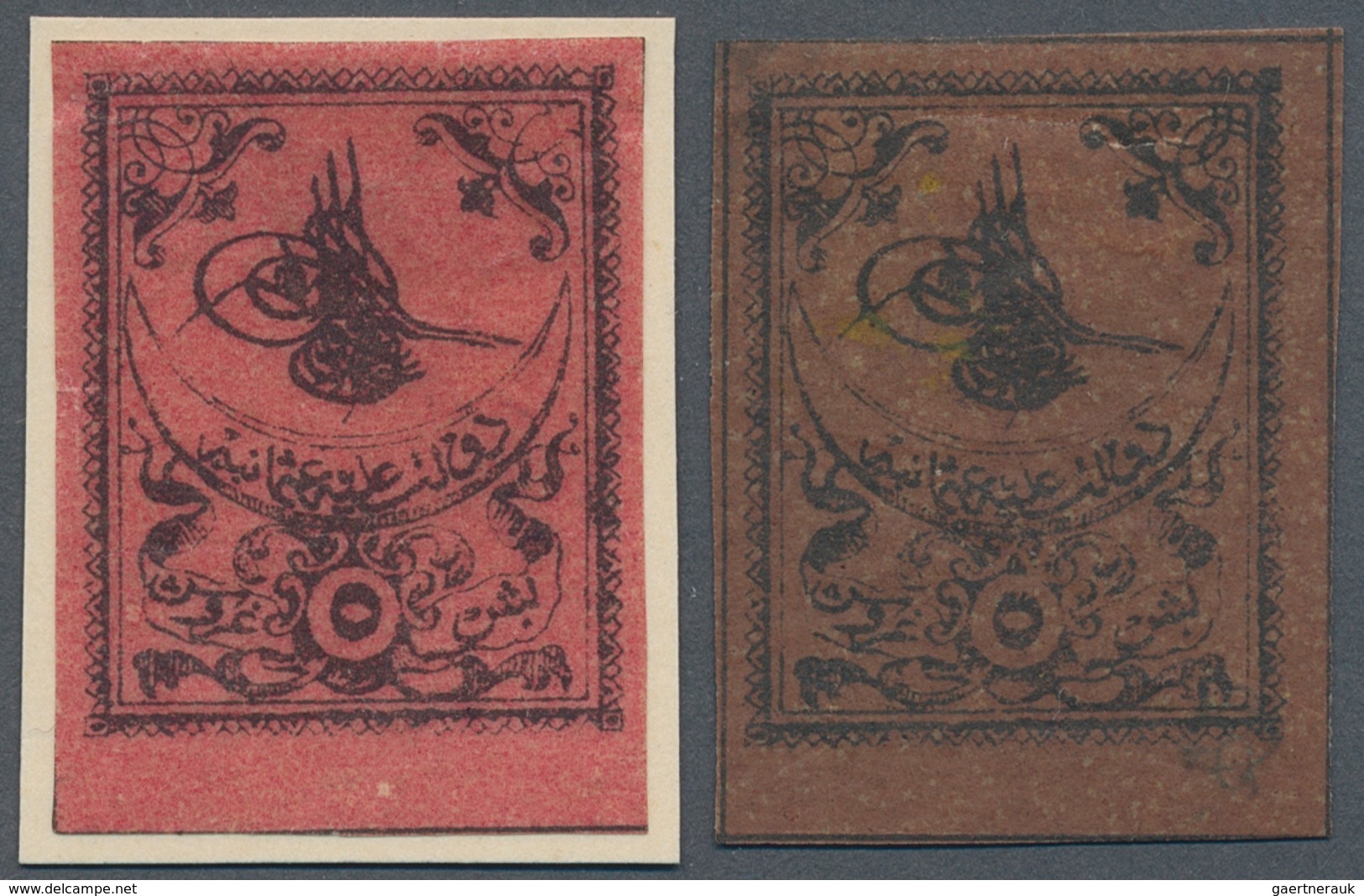 16303 Türkei: 1863, 5 Pia. Rose And Postage Due 5 Pia. Brown Both Stamps Showing Variety "no Border", Fine - Briefe U. Dokumente