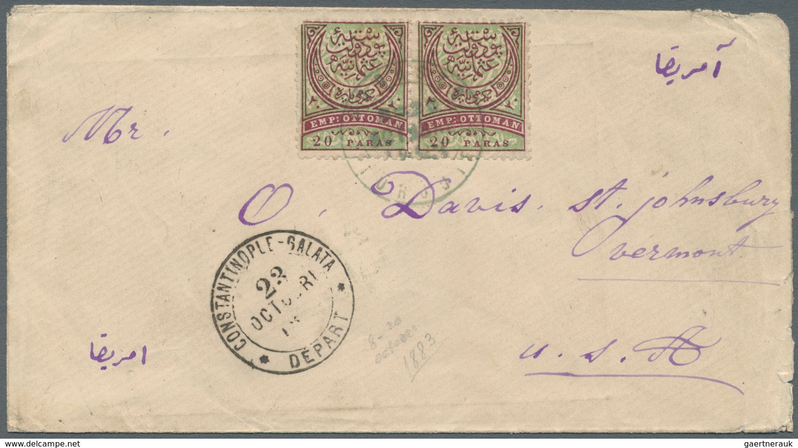 16306 Türkei: 1883, Horizontal Pair 20 Para With Green French Cancellation On Letter Via CONSTANTINOPLE-GA - Briefe U. Dokumente