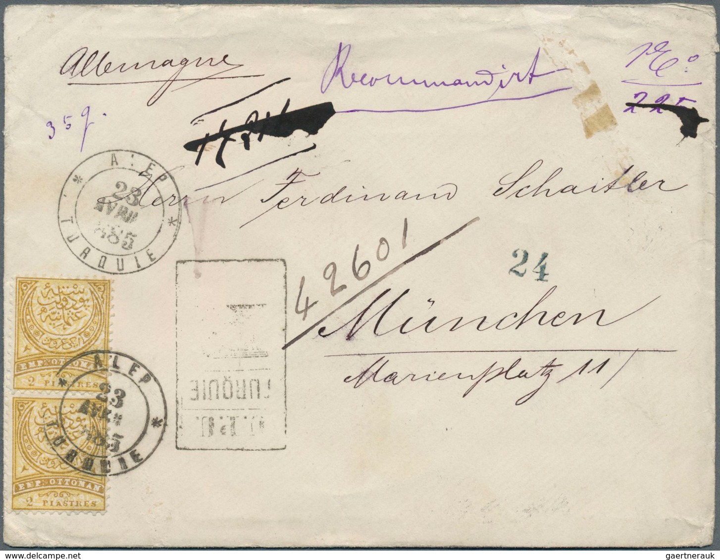 16307 Türkei: 1885, Pair 2 Pia Yellowish Brown On Cover Tied By "ALEP TURQUIE 23/4/85" Cds. UPU Registrati - Lettres & Documents