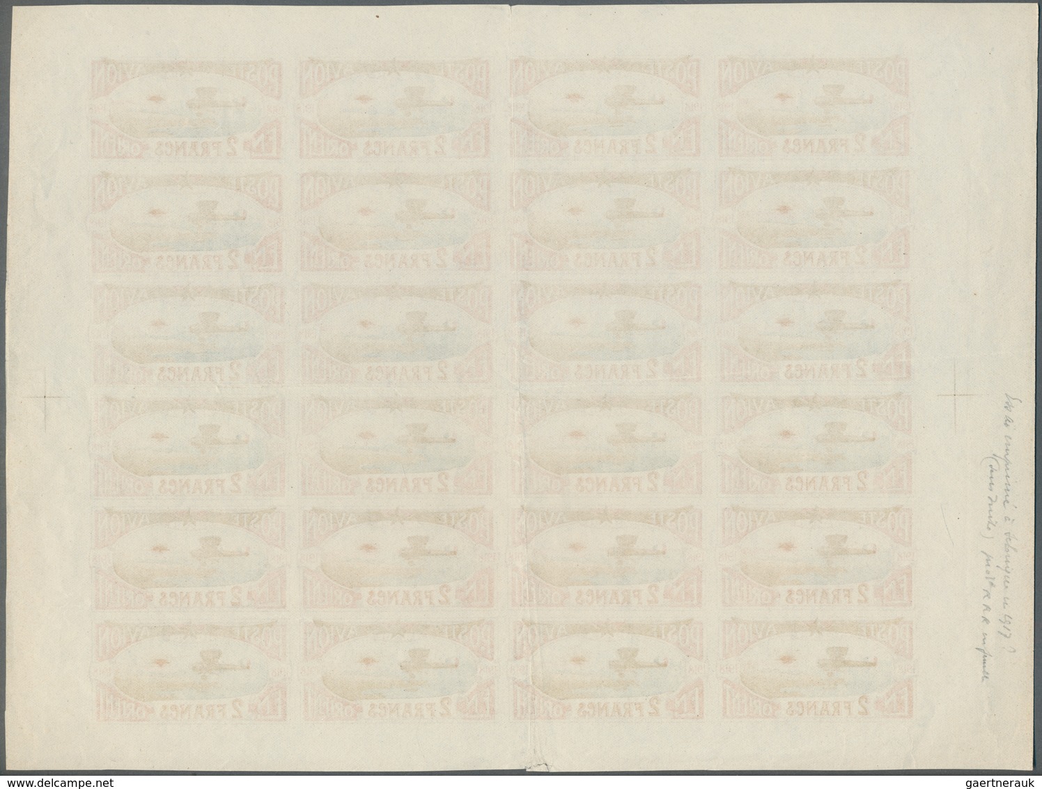 16320 Türkei: 1918, France Air Mail In The Levant : 2 Francs Complete Sheet With Margins, Progressive Plat - Briefe U. Dokumente