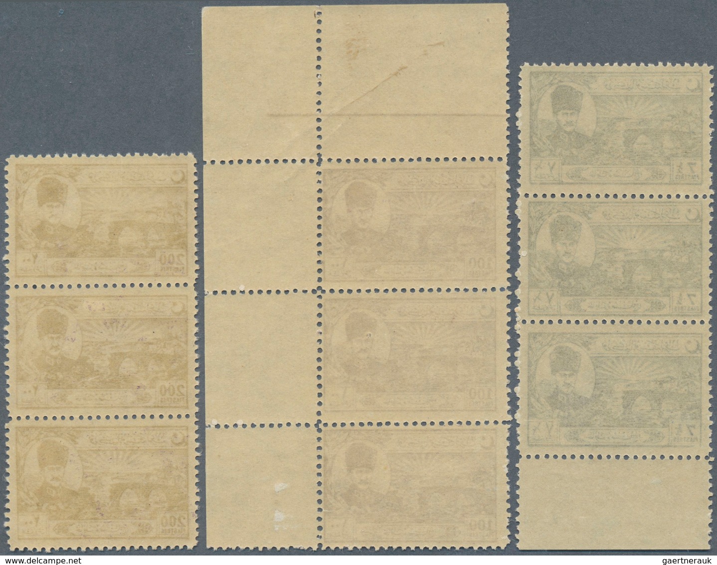 16330 Türkei: 1924, Lausanne Complete Set Of Eight Values In Strips Of Three, Six With Margins, Mint Never - Briefe U. Dokumente