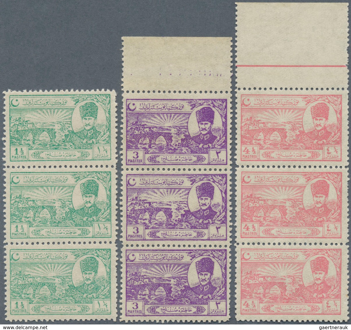 16330 Türkei: 1924, Lausanne Complete Set Of Eight Values In Strips Of Three, Six With Margins, Mint Never - Briefe U. Dokumente