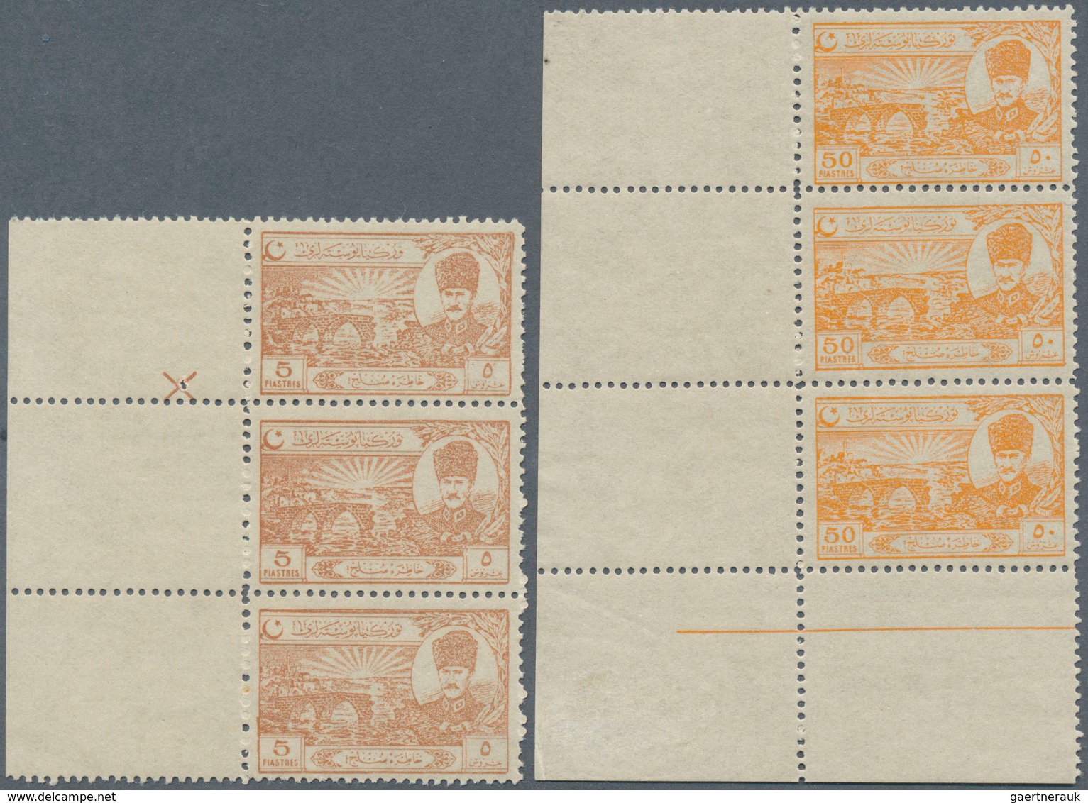 16330 Türkei: 1924, Lausanne Complete Set Of Eight Values In Strips Of Three, Six With Margins, Mint Never - Briefe U. Dokumente