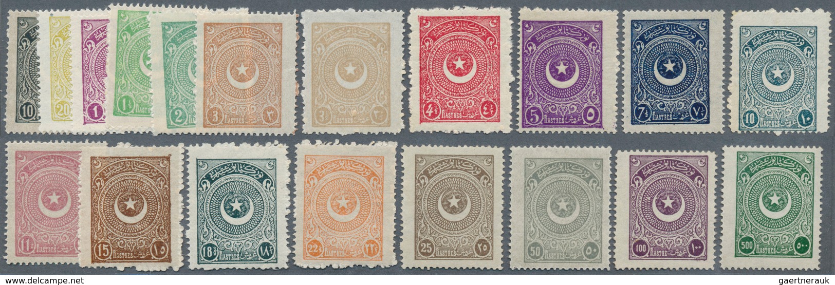 16331 Türkei: 1923, Star And Moon First Issue Set Of 19 Values Up To 500 Pia. Green, Mint Never Hinged, Ve - Briefe U. Dokumente